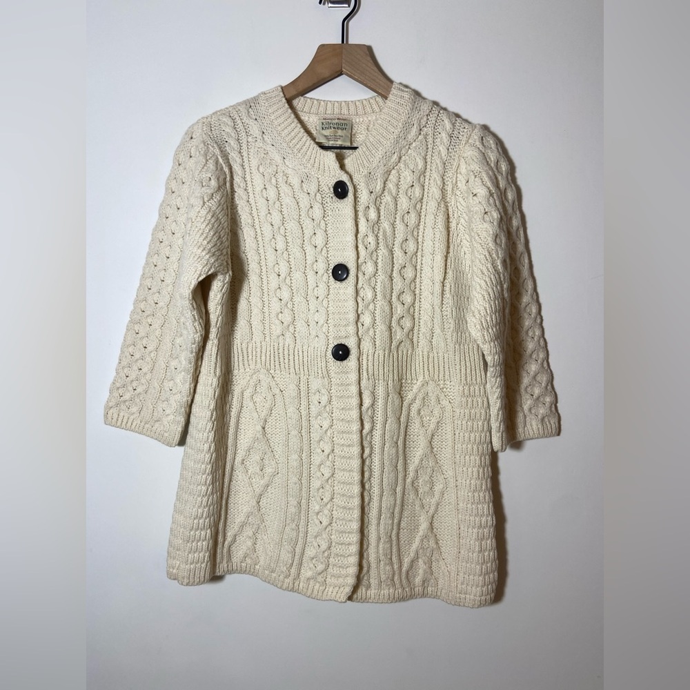 Kilronan Knit Wear Ivory 100% Merino Wool Fisherman Ireland Sz Small